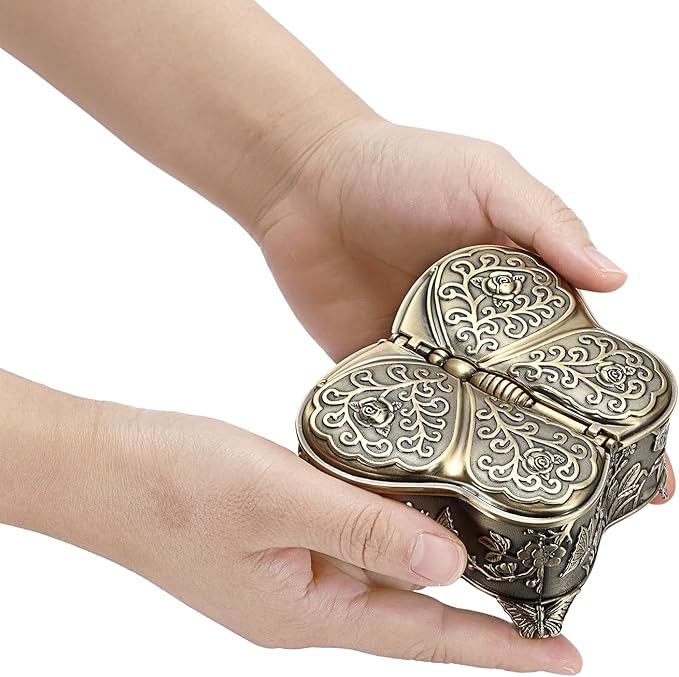 Hipiwe Vintage Metal Jewelry Trinket Box - Butterfly Shape Jewelry Organizer Treasure Chest Ring Holder Earrings Necklace Storage Box Keepsake Box,Brozne,Medium