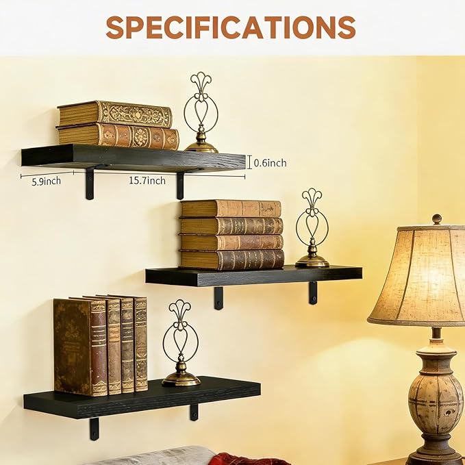 Easy Install Wall Shelves with Bracket,15.7Inch Wall Mounted Wood Floating Wall Shelves,Small Wall Shelves for Storage&Wall Decor, Living Room, Kitchen, Office,Corner Shelf for Bathroom,Set of 3,Black