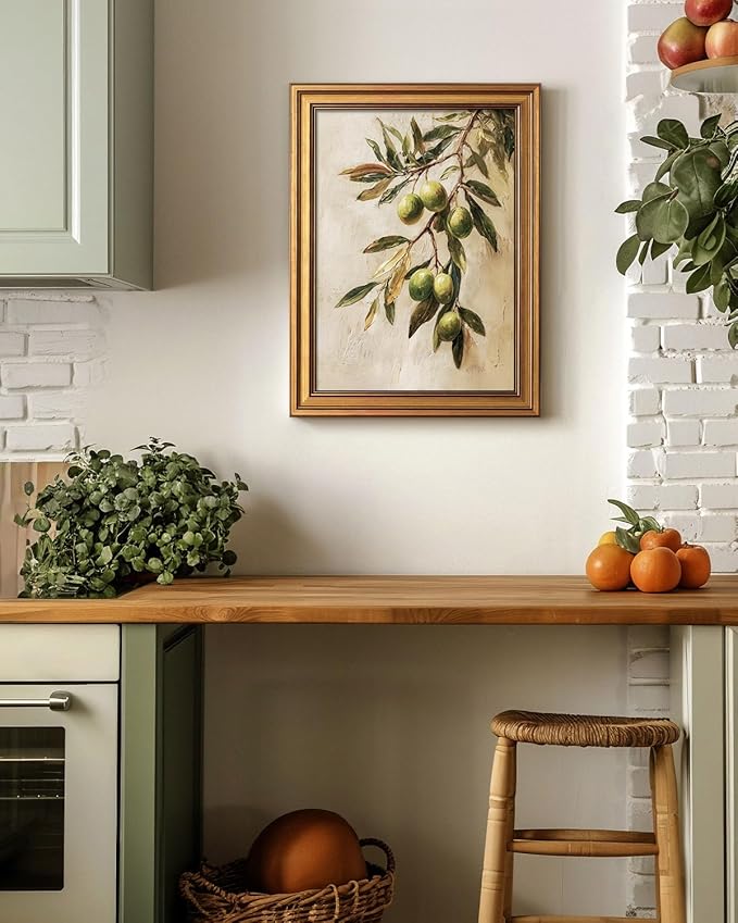 Bzstyleart Vintage Wall Art Decor for Bedroom, Oil Painting Olive Branch Botanical Wall Art, Vintage Botanical Painting, Room Decor Aesthetic for Kitchen, 12 x 16 Inch