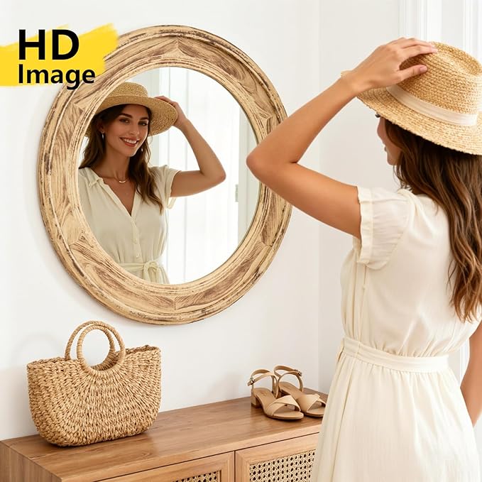 sawsile Round Wood Mirror 24" Natural Circle Wooden Nursery Farmhouse Rustic Decorative Large Wall Mirror for Bathroom,Living Room, Fireplace,Hallway