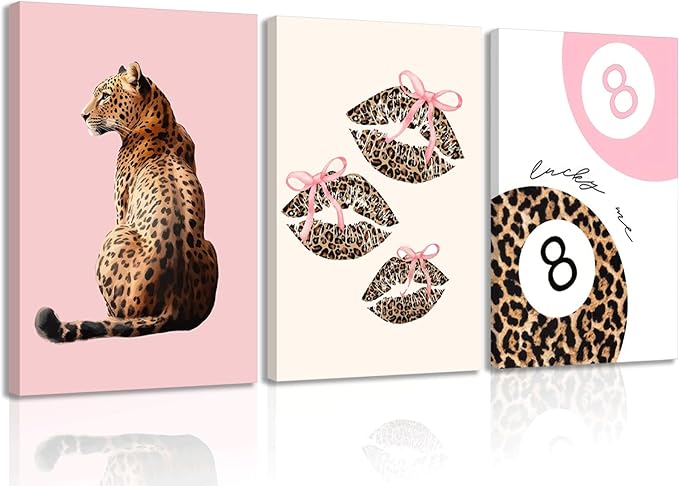 3Pcs Pink Trendy Leopard Print Canvas Wall Art,Fashion Cheetah Poster,Lucky 8-Ball Lip Bow Picture,Preppy Y2K Artwork Wall Decor for Bedroom Dorm Apartment.16x24in Framed