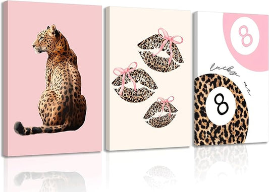 3Pcs Pink Trendy Leopard Print Canvas Wall Art,Fashion Cheetah Poster,Lucky 8-Ball Lip Bow Picture,Preppy Y2K Artwork Wall Decor for Bedroom Dorm Apartment.16x24in Framed