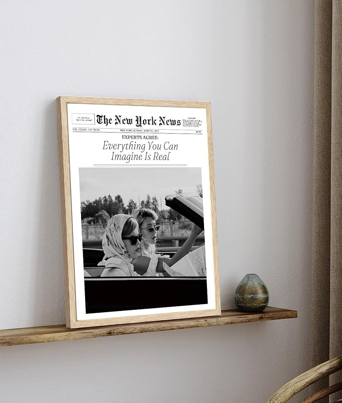 Bwodke OAK Wood Framed Wall Art Everything You Can Imagine Is Real Canvas Art Vintage Newspaper Pictures Wall Decor Hot Girls Prints Trendy Artwork for Girly Dorm Bedroom 12"x16"