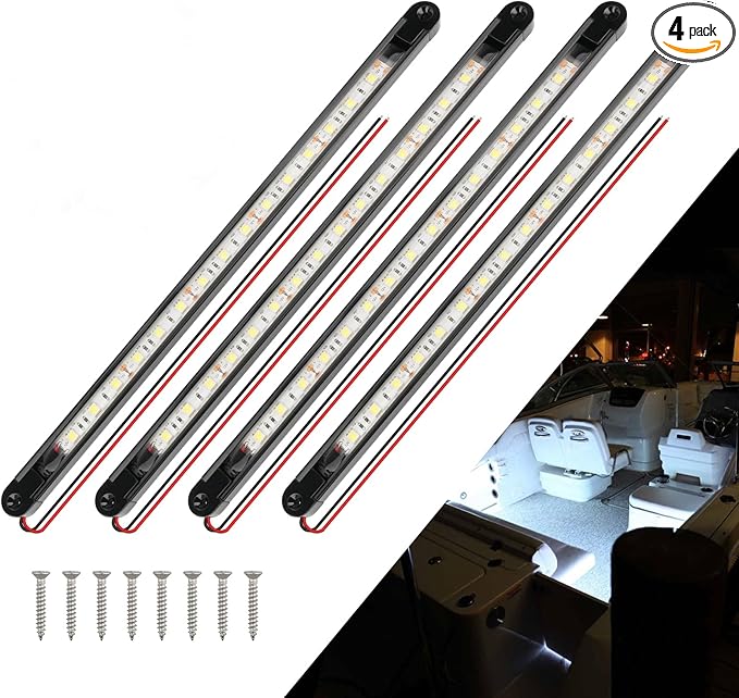 Boat Interior Lights White, Waterproof Led Boat Lighting, Marine Led Strip Lighting, Super Bright Marine Lighting for Night Fishing Pontoon Yacht Sailboat (White 4Pack)