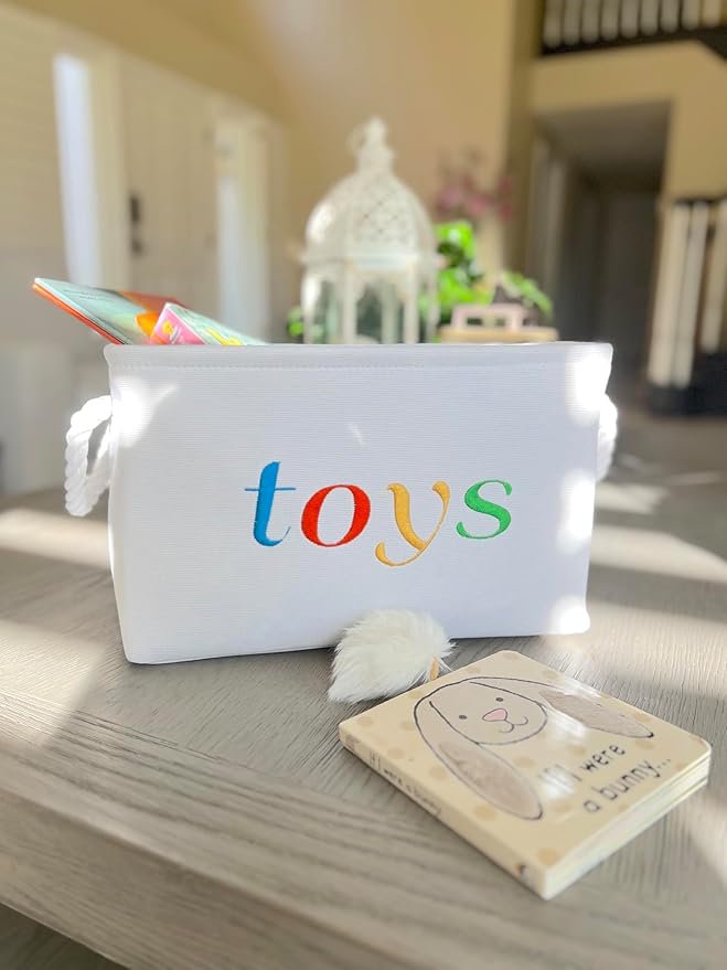 APPLE PIE ORDER Nursery basket, Storage & organizer Bin for Baby, Diapers, Wipes, Books, Toys. White Canvas fabric Decorative Box with Embroidering. (Toys - colorful, Medium)