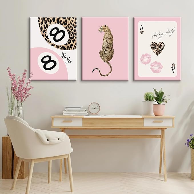 Cheetah Trendy Wall Art Preppy Leopard Canvas Print Cheetah Room Wall Decor 8 Ball Poster Y2k Pink Coquette Luxury Print Lucky Aesthetic Fashion Pictures for Bedroom 16x24x3 Inch Wrapped Canvas