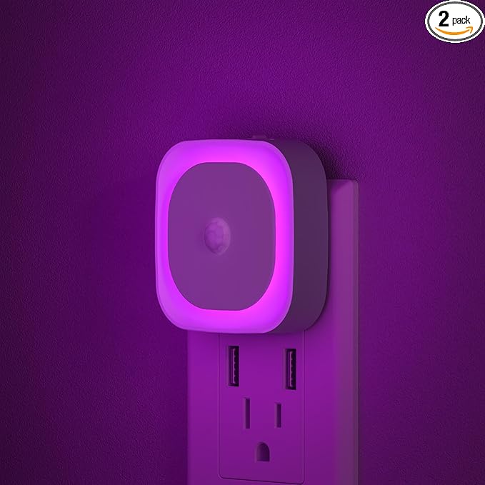 YUNLEX 2 Pack Plug in Night Light with Motion Sensor & Dusk to Dawn Sensor, 3 Sensor Modes, Purple Night Lights Plug into Wall, Dimmable Calming Glow for Meditation, Relaxation, Bathroom, Bedroom