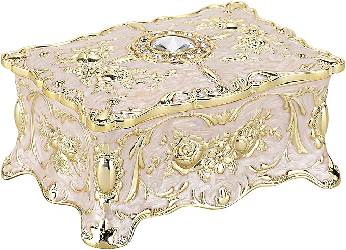 Hipiwe Vintage Jewelry Box, Small Enameled Trinket Box Organizer Rectangular Treasure Chest Box Jewelry Decorative box Keepsake Gift Box Case for Women,3.7x 2.7x 2 inch