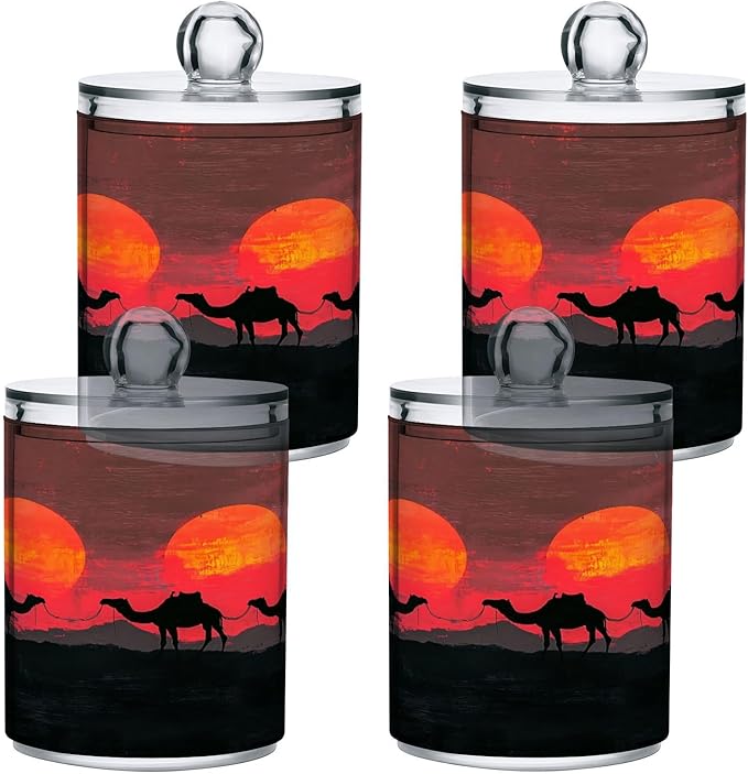 Nander 2Pack Sunset Desert Camel Qtip Holder Dispenser -Clear Plastic Apothecary Jars Set - Restroom Bathroom Makeup Organizers Containers for Cotton Swab, Ball, Pads, Floss
