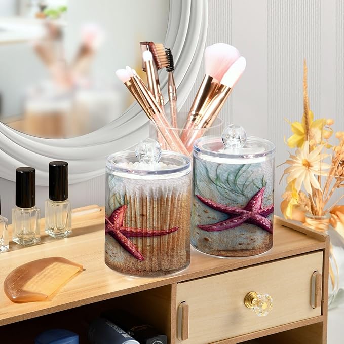 2 Pack Apothecary Jars,Starfish on Sand Bathroom Vanity Storage Organizer Set,Small Clear Plastic Storage Jars Bathroom Canister for Cotton Swabs,Rounds,Balls,Qtips,Makeup Sponges