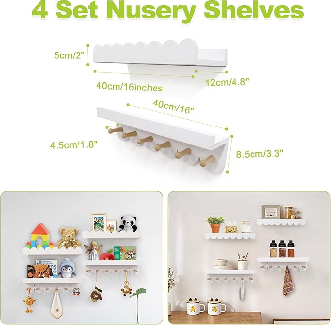Floating Nursery Book Shelves for Wall, 16'' Wood Book Shelf for Baby Boys Girls Bedroom Bathroom and Décor Storage, Wall Shelf for Books, Plants, Toys, Photo Frames (White-Wooden Pegs, 4 Pack)