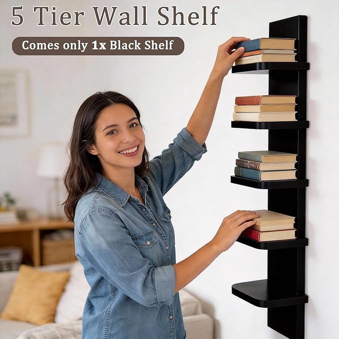Versatile 5 Tier Wall Shelf Unit, Floating Shelves for Wall (Round Corner), Vertical Lack Wall Shelf for Bedroom, Vanity, Living Room, Home Decor Makeup Organizer Display, Black