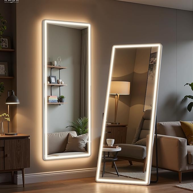 64"x21" Full Length Mirror with LED Lights, Hanging Mounted Mirrors, Aluminum Frame Mirrors with Dimming & 3 Color Lighting, Lighted Full Body Mirror for Bedroom, Dressing Room, Cloakroom