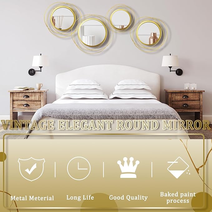 Hicarer 4 Pcs Decorative Wall Mirror Round Modern Circle Mounted Mirror Metal Wall Art Decor for Bedroom Living Room Entryway Dining Room Hallway(Gold)