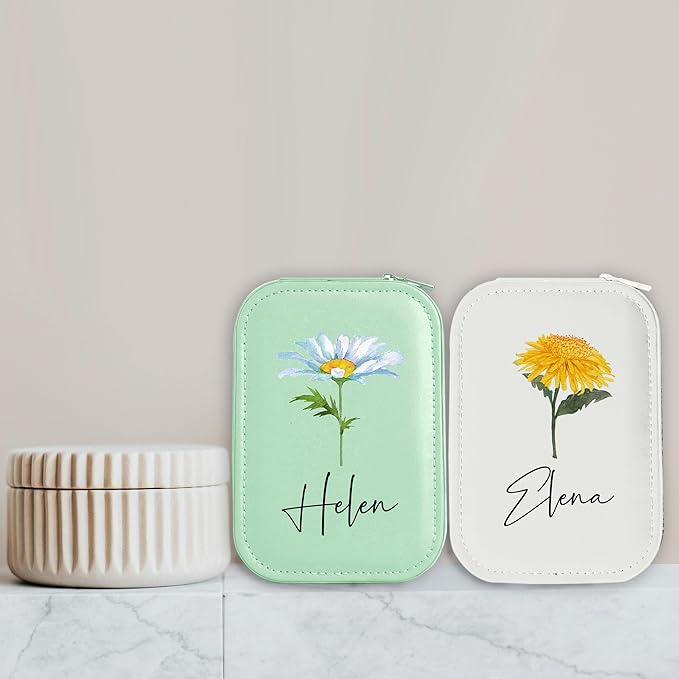 Personalized Birth Flower Travel Jewelry Box with Mirror Custom Name Travel Makeup Case with Led Mirror Small Travel Jewelry Case Organizer with Light Up Mirror for Women Mom
