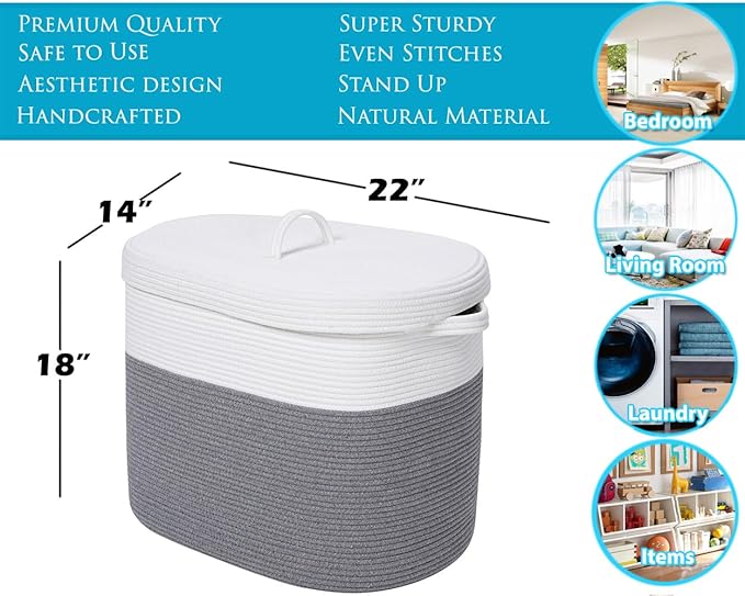 22”x14”x18” Rectangular Extra Large Storage Basket with Lid, Cotton Rope Storage Baskets, Laundry Hamper, Cloth Bin, for Clothes Blankets Storage in Living Room, Grey Basket with Lid