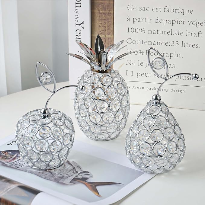 Set of 3 Crystal Metal Pineapple Pear Table Centerpiece Handmade Crystal Candlestick Hollow Fruit Ornament Home Party Wedding Holiday Bar Decoration (Silver, Set of 3)