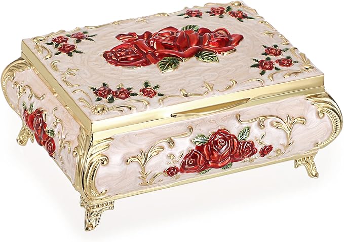 Hipiwe Metal Decorative Jewelry Box Vintage Treasure Chest Case Ornate Trinket Organizer Earrings Necklace Bracelet Storage Box Ring Holder Keepsake Box for Women