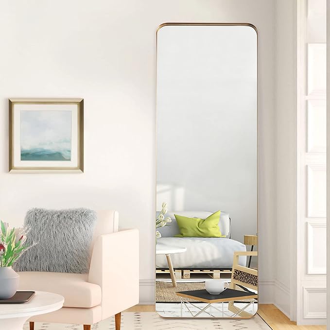 NeuType Full Length Mirror, 63"x20" Floor Mirror Full Body Dressing Mirror Round Corner, Hanging or Leaning Against Wall Large Rectangle Wall Mounted Deep Set Aluminum Alloy Frame for Bedroom, Gold
