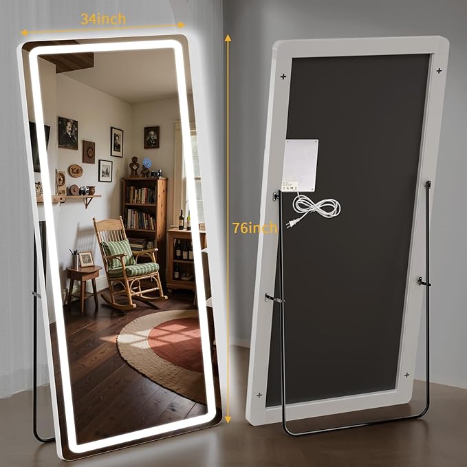 Standing Mirror Full Length with LED Lights, 76"x34" Lighted Mirror with Dimming & 3 Color Lighting, Tall Mirror Full Body for Bedroom, Dressing Room