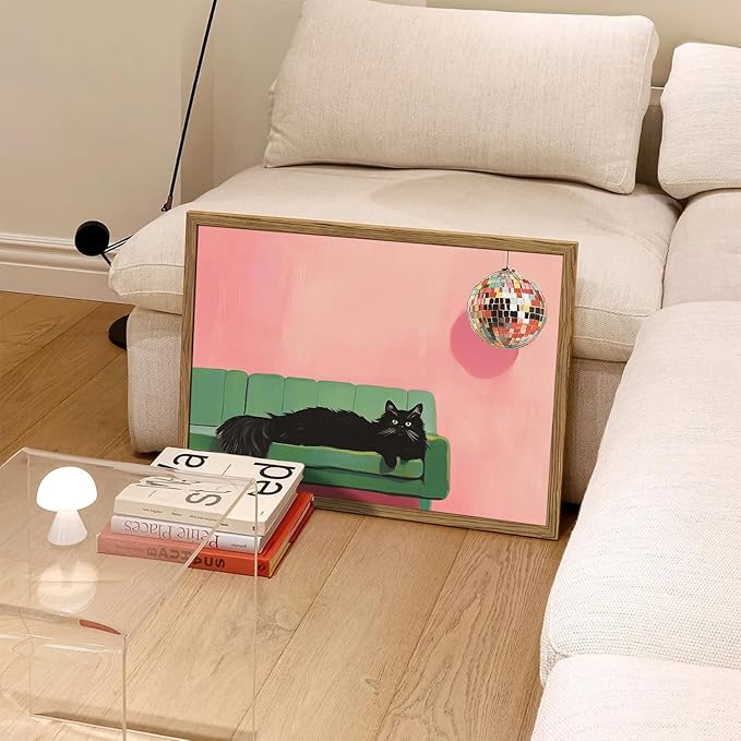 Funny Black Cat Wall Art, Cute Animal Wall Decor Painting, Eclectic Disco Ball Bar Cart Canvas Prints Artwork Pictures for Bedroom Living Room 16x24 inch Wood Framed