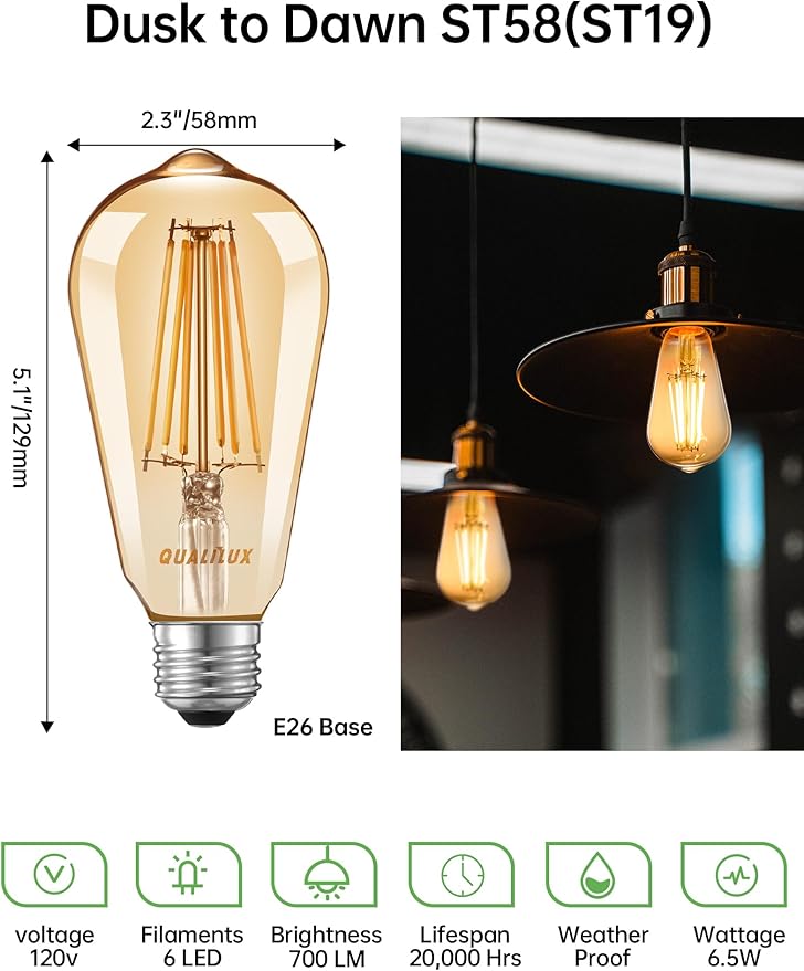 Qualilux Dusk to Dawn Edison Light Bulbs ST19, Vintage Amber Glass, 2300K Amber Warm, 6.5W=60W, Non-Dimmable Auto On/Off Light Sensing LED Filament Bulb Outdoor, 700LM, E26, 2-Pack, HQ-H027