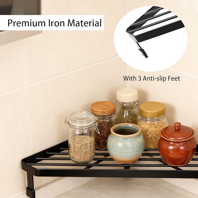 Corner Shelf & Cabinet Organizer, Iron Triangular Counter Shelf for Spice Rack Organizer, Kitchen & Bathroom