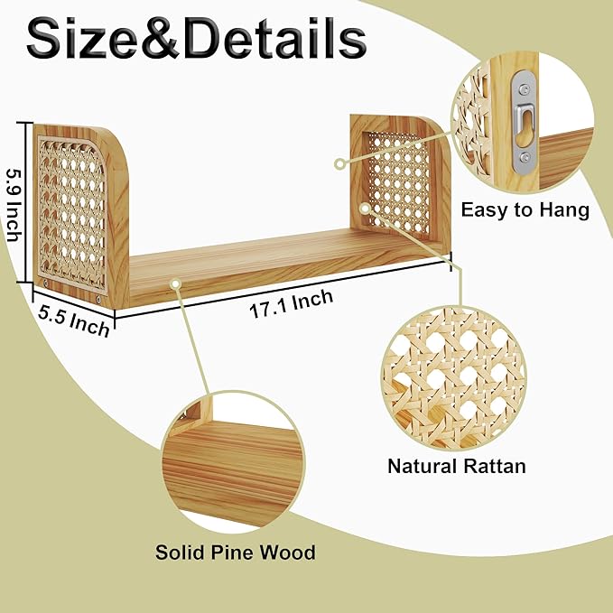 Rattan Wall Shelf, Hanging Book Shelves for Wall, Decorative Shelves for Natural Nursery Decor, Picture Ledge Shelves, Floating Rattan Shelf for Office, Bedroom, Bathroom