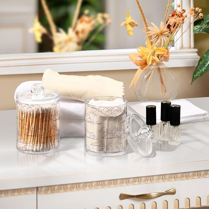2 Pack Apothecary Jars Watercolore Purple Cloud Shape Bathroom Vanity Storage Organizer Set,Small Clear Plastic Storage Jars Bathroom Canister for Cotton Swabs, Rounds, Balls, Qtips,Makeup Spon
