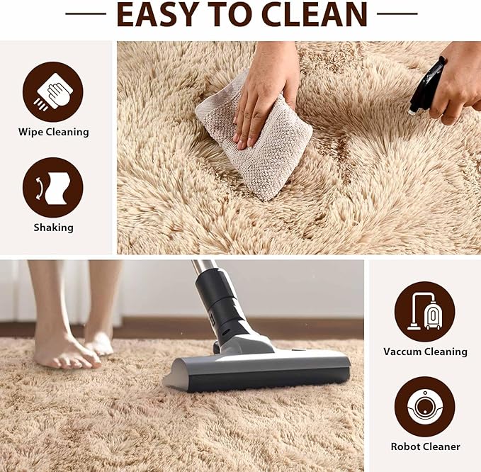 FinRèc 5x7 Feet Tan Rugs for Bedroom Living Room, Fluffy Plush Area Rug, Non-Slip High Pile Shaggy Rug for Kids Room Dorm Room Home Decor, Indoor Solid Shag Floor Carpet
