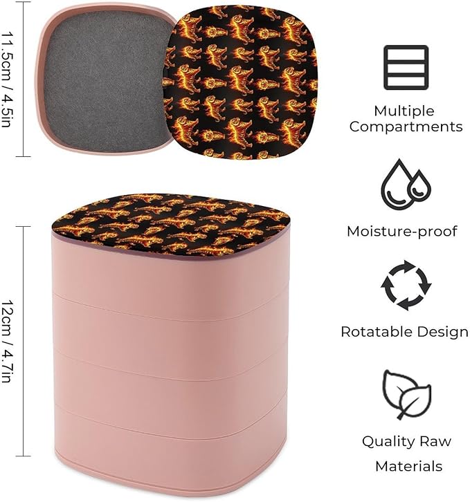 4-Layer Rotating Jewelry Box Mirror Necklace Ring Earring Storage Fire Flame Tiger Small Jewelry Organizer Box