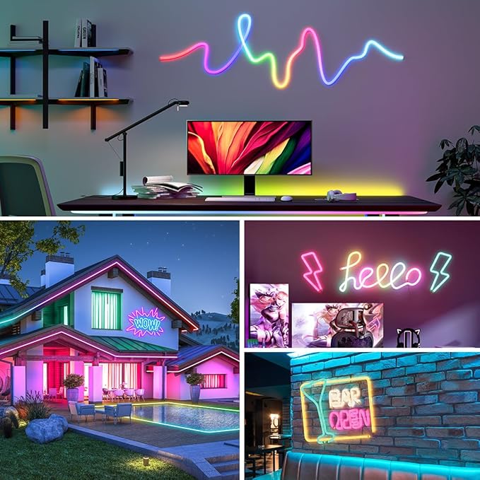 BTF-LIGHTING 16.4FT WS2811 WS2812B IC RGB DC5V 360 Degree Round Reticulate Chasing Color Neon LED Strip Kit Bluetooth Controller Flexible Silicone IP67 Waterproof Rope Light for Home Decor(No Adapter)