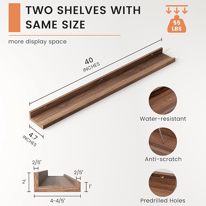 FLYJOE Picture Ledge Shelf, Floating Shelves Set of 2, 40 Inches Nursery Book Shelves for Toys Storage, Kids Bookshelf Wall Mounted for Living Room Bedroom Decor Books Photo Frames, Walnut