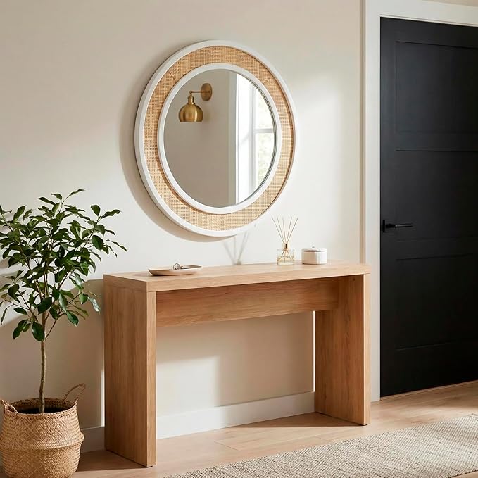 Round Rattan Mirror, 24" Circle Wall Mirror, Farmhouse Wooden Vanity Mirror with Handmade Wicker Frame, Decorative Boho Mirror for Nursery Bedroom Living Room Entryway White