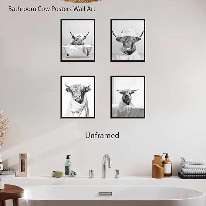 SEHSUVC Funny Bathroom Cow Posters Wall Art Set of 9, Vintage Black and White Highland Cow Canvas Wall Decor Painting, Humor Animals Pictures Prints for Bedroom Bathroom Childrenroom 8x10In Unframed