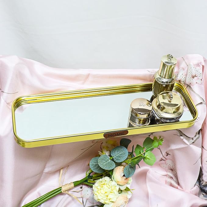 Gold Mirrored Vanity Tray, Small Rectangular Stainless Steel Perfume Organizer, Decorative Glass Mirror Tray for Jewelry, Makeup, Skincare, Bathroom Countertop,Dresser Decor (7.87" x 3.94")