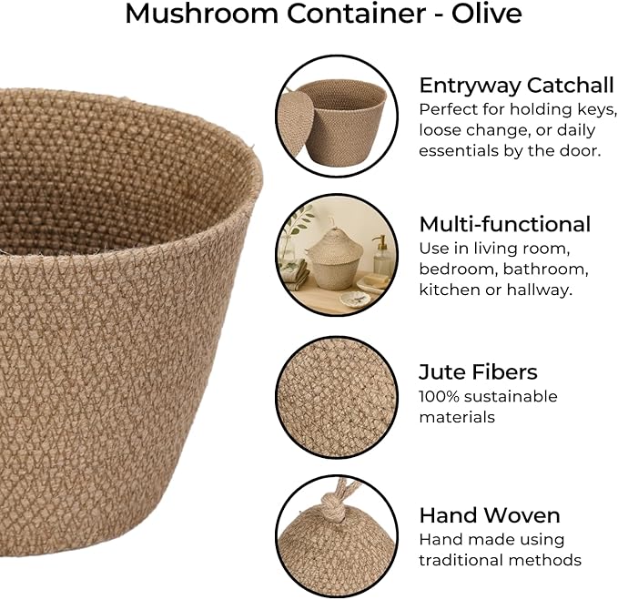 Olea Mushroom Container – Handmade 12" Woven Jute Decorative Storage Basket – Rustic Storage for Entryway, Bathroom, Kitchen, or Boho Cottagecore Decor - Olive