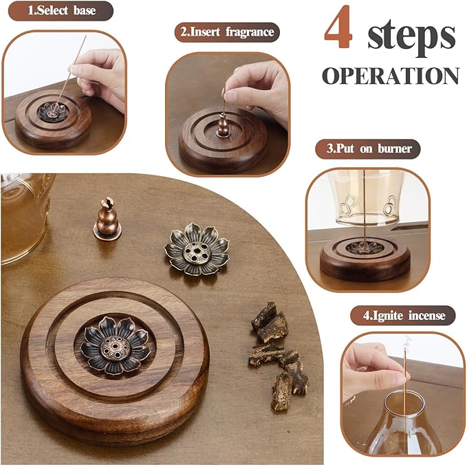 Glass Incense Holder for Sticks, Wooden Incense Stick Holder with Ash Catcher, Modern Insence-Stick Holder, Multi-Functional No Mess Incent Holder for Yoga Spa Meditation Home Zen Decor (Amber)