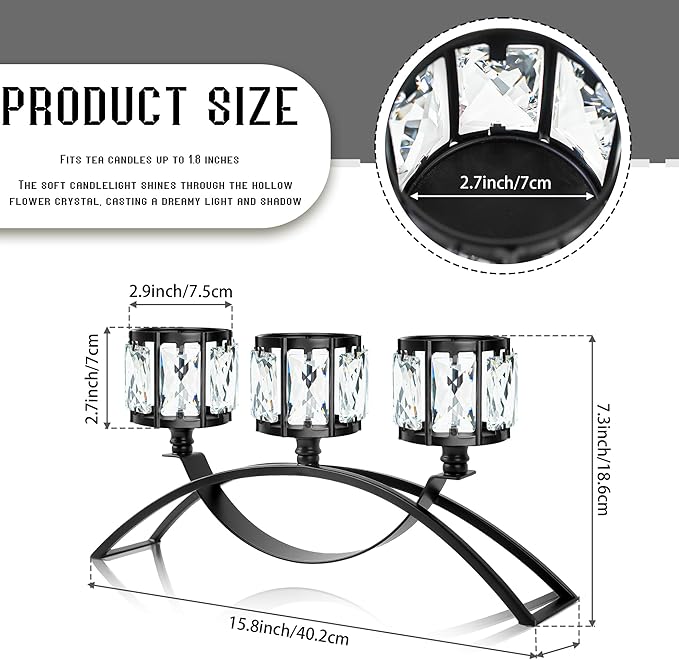 Black 3-Arm Crystal Candle Holders Arched - Elegant Tabletop Candelabra Centerpiece for Weddings, Dining Room Decor, Modern Home & Cabinet Display for & Housewarming