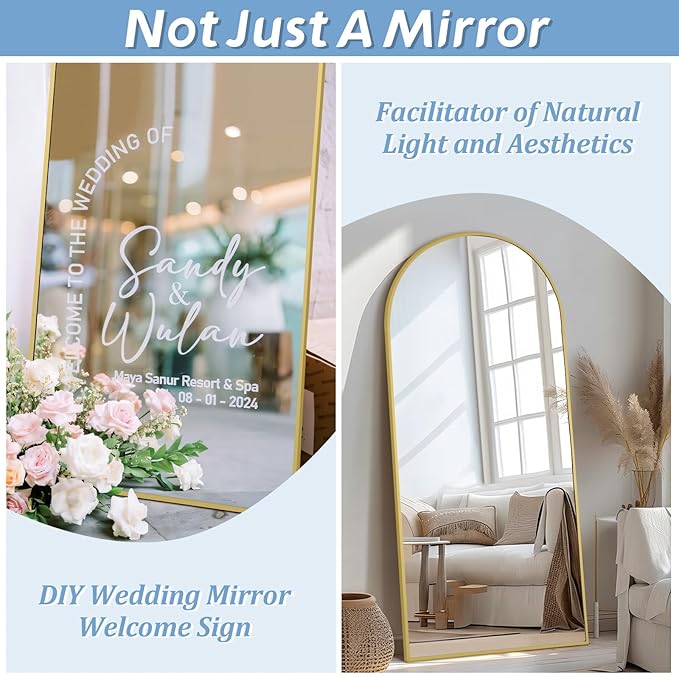 76"X34" Large Floor Mirror Full Length, Gold Arched Full Length Mirror with Stand, Hanging or Leaning Standing Full Body Mirror for Bedroom Living Room Gym, Tempered Glass