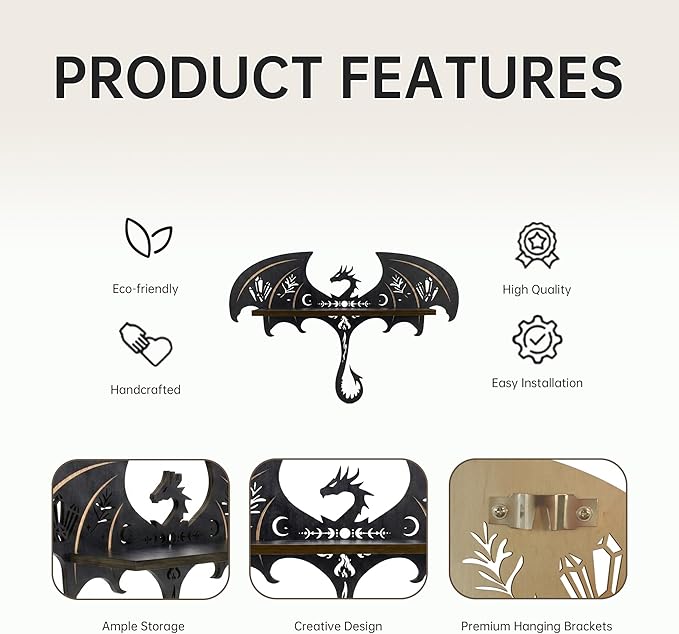 Gothic Evil Dragon Decor with LED Light Crystal Display Shelf for Wall, Wooden Witchy Shelf Rock Display Case Knick Knack Organizer Trinket Holder, Wall Hanging Shelves for Essential Oil & Nail Polish