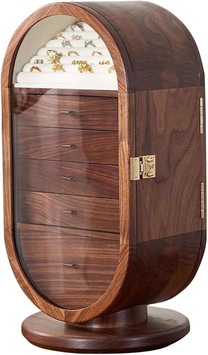 Wooden Jewelry Cabinet, 360° Rotating Jewelry Box, Versatile Tabletop Jewelry Organizer with Makeup Mirror And Multiple Storage Compartments, for Bedroom & Dressing Room