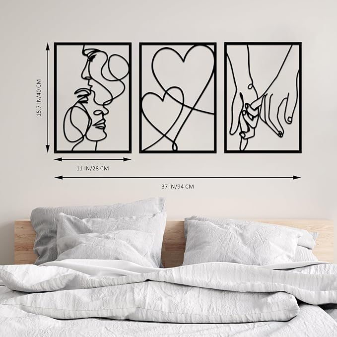 3 Pieces Metal Minimalist Line Wall Art, Valentine's Day Lover Kiss Hand Metal Wall Decor, Aesthetic Modern Home Hanging Wall Art Decor for Bedroom Bathroom Living Room