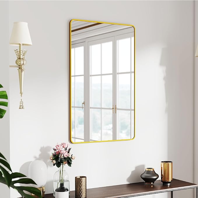 SCWF-GZ 24x36 Vanity Mirror Full Length Wall Mounted Aluminum Alloy Metal Frame Dressing Round Rectangle Mirrors for Entryway Bedroom Bathroom Living Room Horizontally or Vertically 36x24 inch Gold