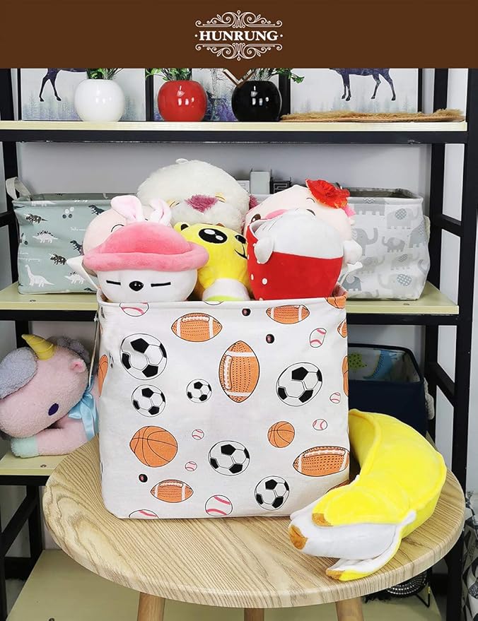 HUNRUNG Square Storage Bins Nursery Hamper Canvas Laundry Basket Foldable with Waterproof Nursery Boxes for Shelves/Gift Baskets/Toy Organizer/Office, Bedroom (Square-ball game)