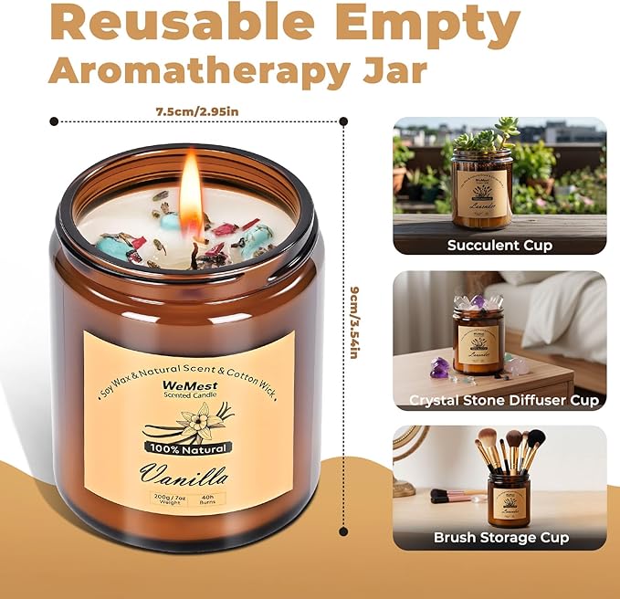 WEMEET Candles for Home Scented 2 Pack, Vanilla Scented Candle with Dried Flowers, Coconut Vanilla Soy Candles with Crystals, Candle Set for Creating a Relaxing Ambiance