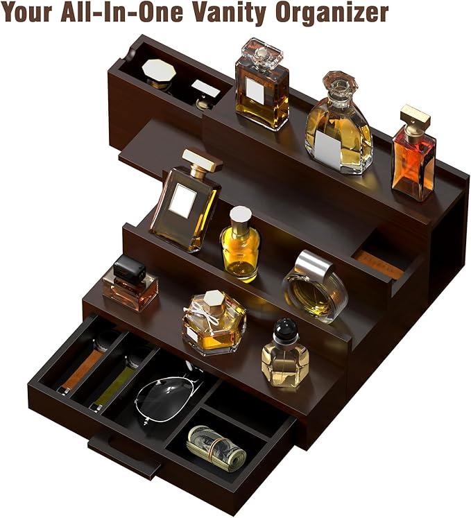 Sunexinlo 4 Tier Cologne Organizer for Men, Black Walnut Wooden Perfume Display Stand with Drawer Divider Dual Hidden Storage Compartments, Shelf for Cologne Watch Jewelry Skincare Grooming, Ideal Birthday Gift for Men and Fathers