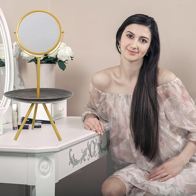 Rotatable Makeup Mirror with Jewelry Tray, European Style Desk Mirror for Bedroom Vanity, Gold Round Tray Cosmetic Organizer and Dressing Table Decor