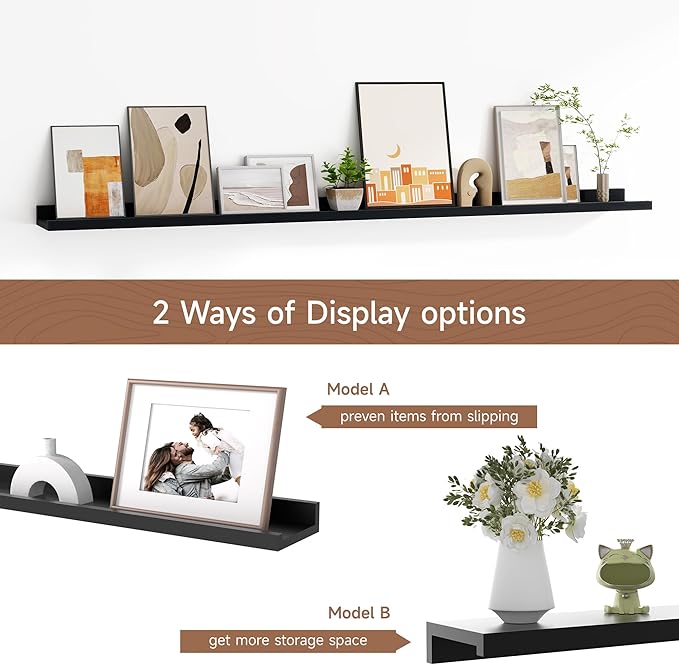Fun Memories Picture Ledge Shelf, 40 Inch Floating Shelves Set of 2, Large Nursery Book Shelves for Toys Storage, Kids Bookshelf Wall Mounted for Wall Decor Books Photo Frames, Black