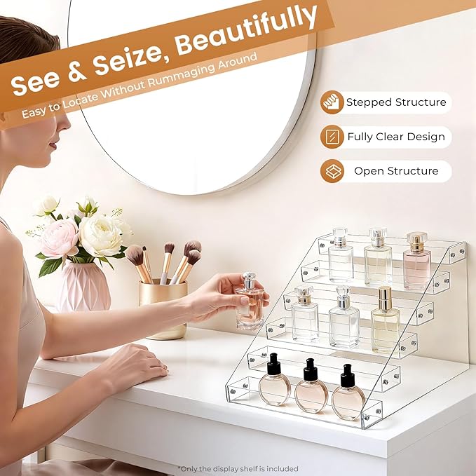 Perfume Organizer, 4 Tier Acrylic Display Shelf Risers Display Stands Perfume Stand Makeup Organizer Cupcake Stand Sticker Display Card Stands For Perfumes Cosmetics Jewelry Toys Display